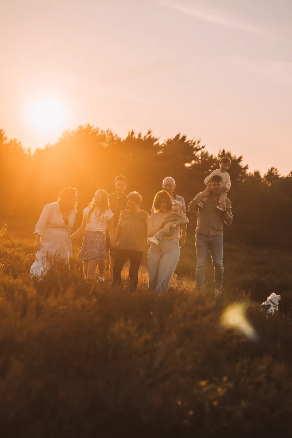 Grote familie in de heide tijdens zonsondergang